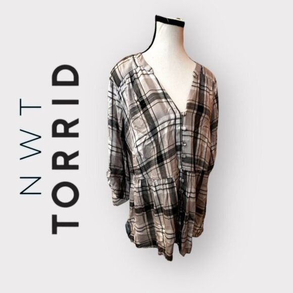 NWT Women’s Torrid Beige Gold Black Babydoll Rayon Twill Button-Front Top 2 2XL - Picture 3 of 14